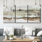 Three-panel canvas wall art featuring layered turquoise and earth tones abstract, displayed in a modern living room above seating.