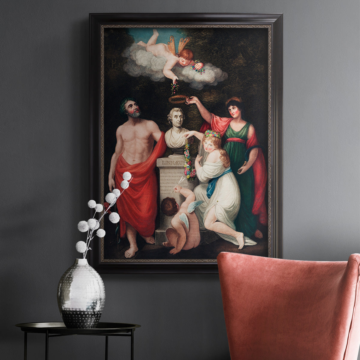 Classical allegorical painting honoring Linnaeus by Robert John Thornton in an ornate black frame with gilded inner detail displayed in a dark-toned interior setting.