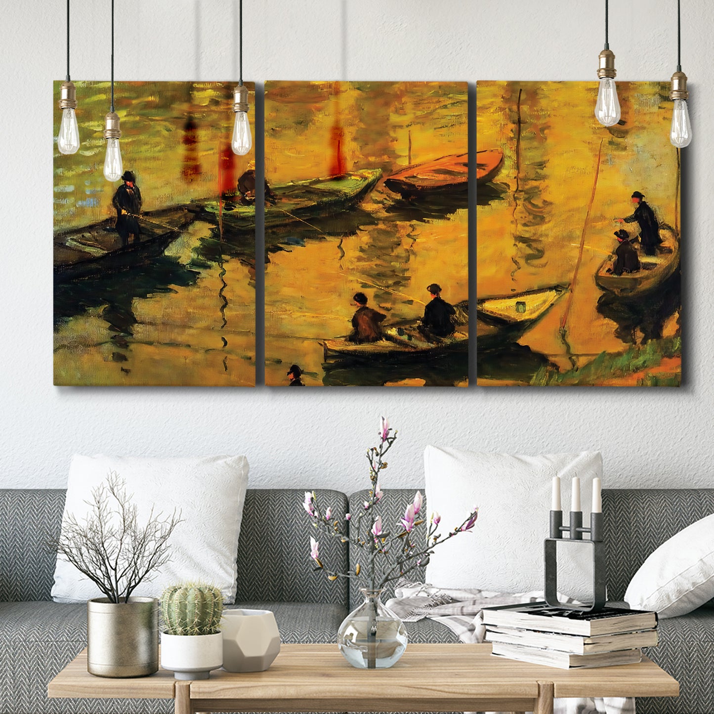 Three-panel canvas wall art featuring small boat on calm water, displayed in a modern living room above seating.