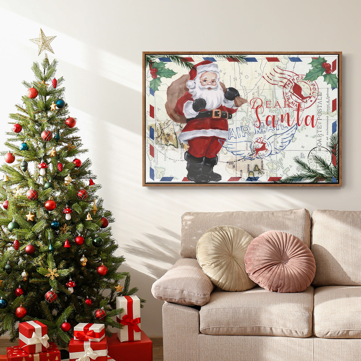 Christmas Par Avion Collection A - Framed Gallery Wrapped Canvas in Floating Frame