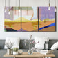Three-panel canvas wall art featuring mid century geometric pink abstraction, displayed in a modern living room above seating.