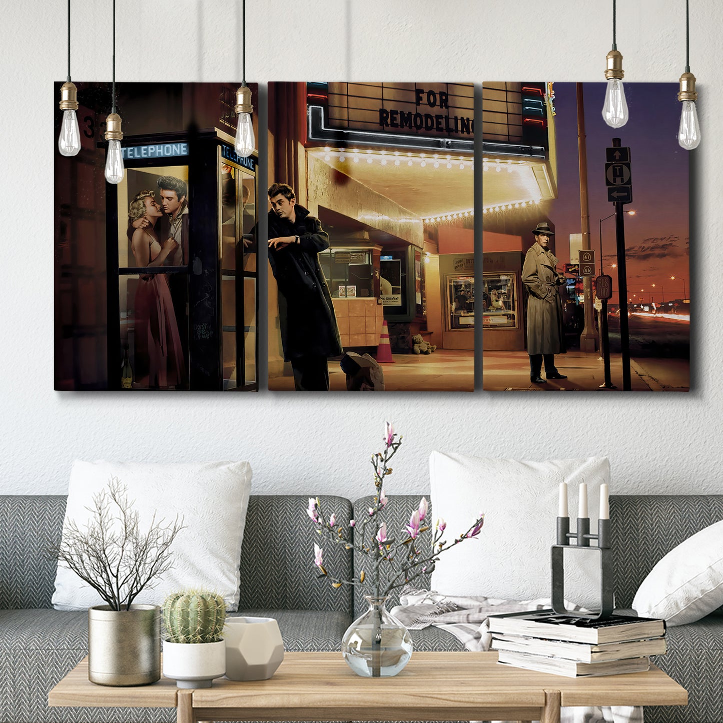 Three-panel canvas wall art featuring cinematic nighttime theater scene, displayed in a modern living room above seating.