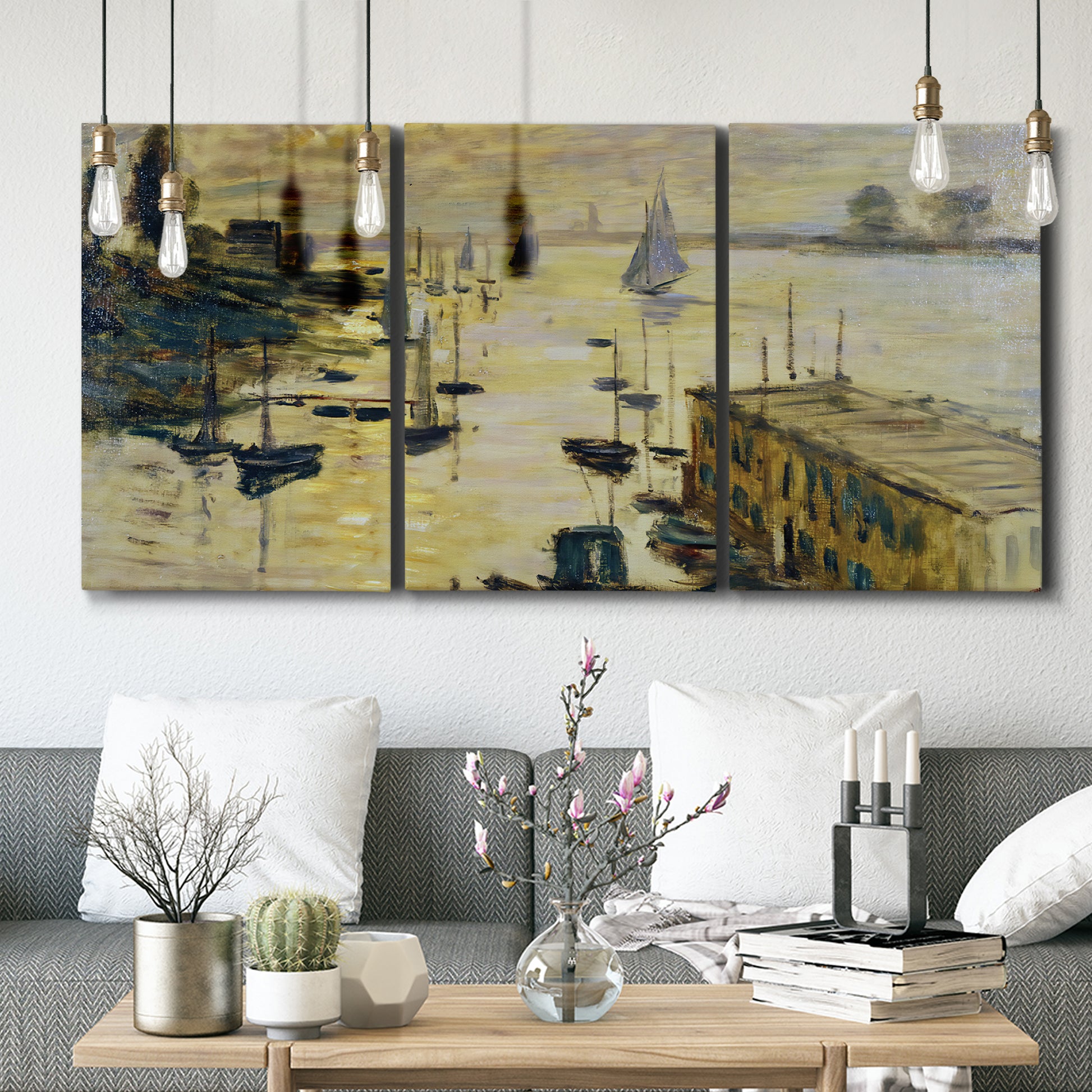 Three-panel canvas wall art featuring working harbor with boats, displayed in a modern living room above seating.