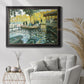 Impressionist riverside leisure scene by Claude Monet in an ornate black frame with gilded inner detail displayed in a bright interior setting.