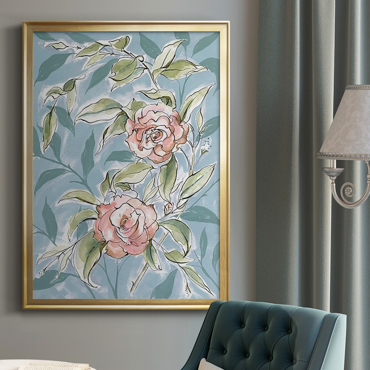 Faded Camellias II - Modern Framed Canvas Print