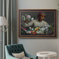 Traditional portrait of a woman holding peonies by Frédéric Bazille in an ornate bronzed mahogany wood frame displayed in a bright interior setting.