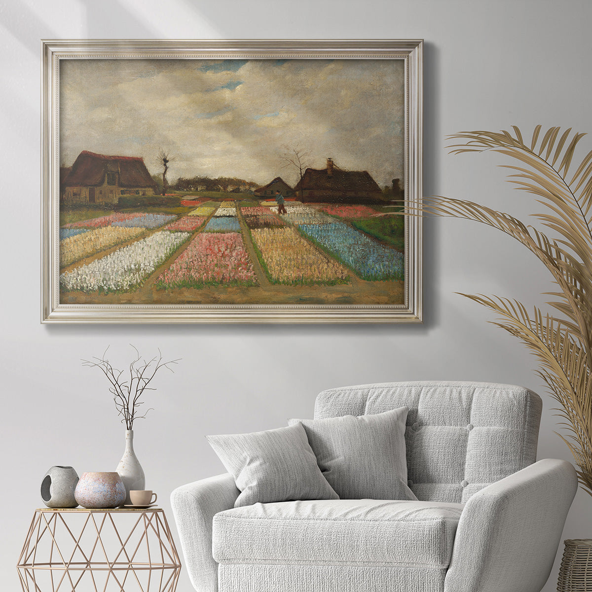 Impressionist Dutch bulb field landscape by Vincent van Gogh in an ornate champagne frame displayed in a bright interior setting.