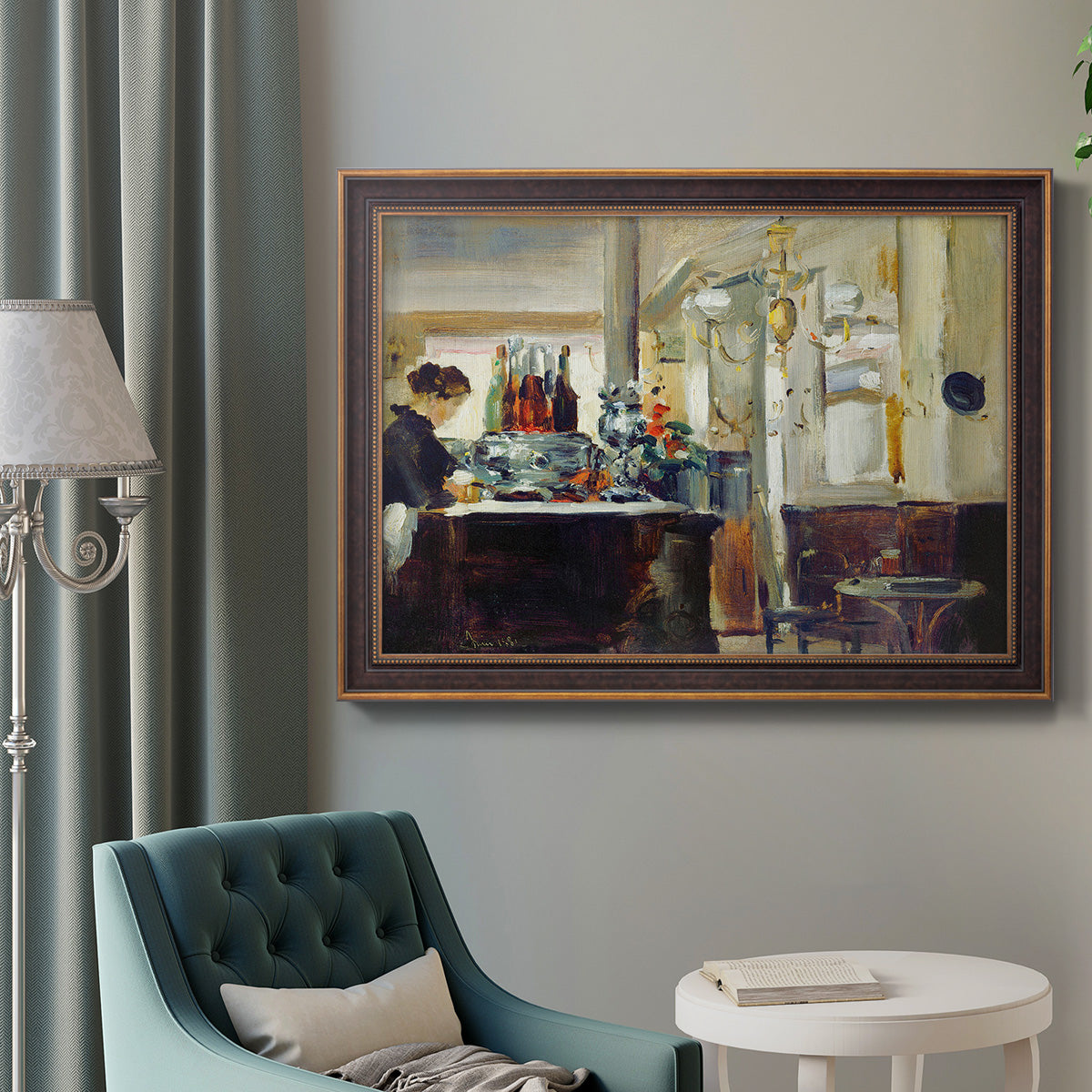 Impressionist café still life scene by Édouard Manet in an ornate bronzed mahogany wood frame displayed in a bright interior setting.