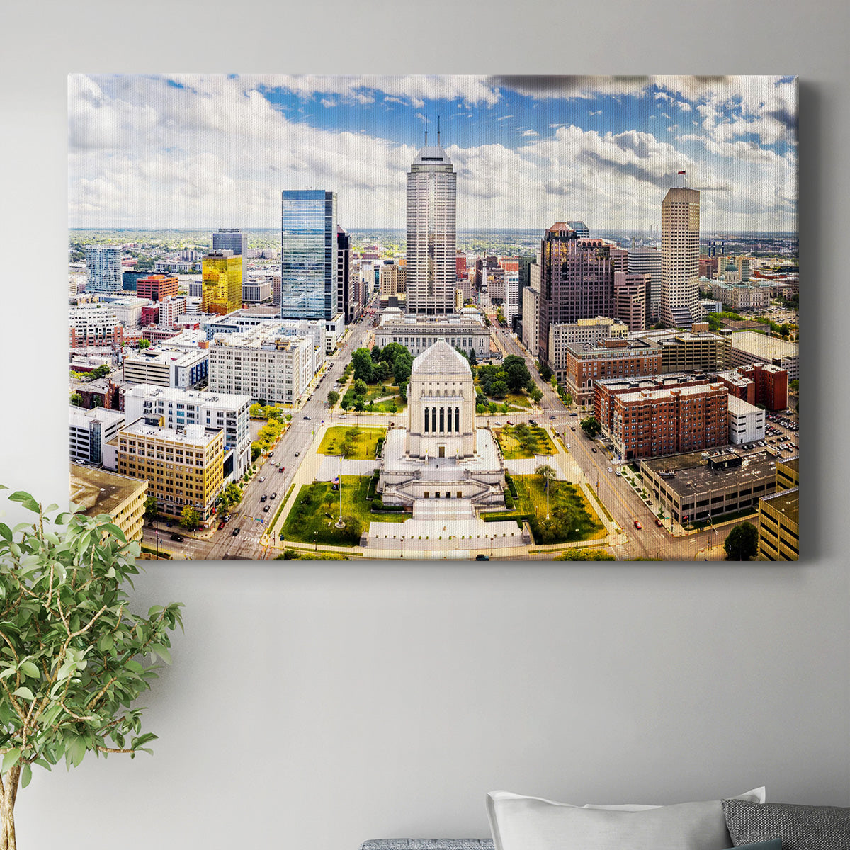 Sunny Indiana Statehouse and Indianapolis skyline Premium Gallery Wrapped Canvas - Ready to Hang