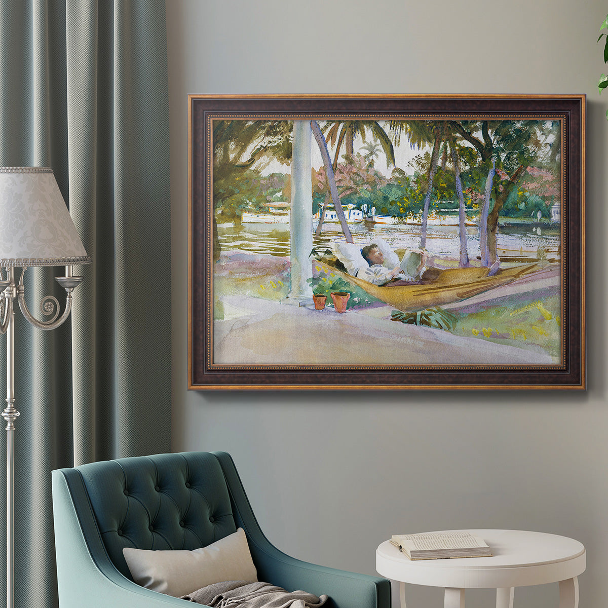 Impressionist leisure portrait scene by John Singer Sargent in an ornate bronzed mahogany wood frame displayed in a bright interior setting.