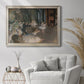 Impressionist backstage ballet scene by Edgar Degas in an ornate champagne frame displayed in a bright interior setting.