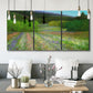 Three-panel canvas wall art featuring fresh spring meadow landscape, displayed in a modern living room above seating.