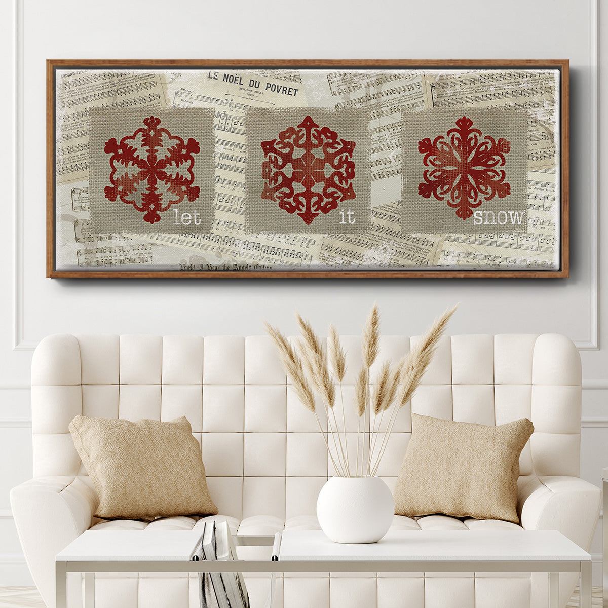 Burlap Music Snowflakes - Floater Framed Canvas Print