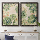 Set of two black barnwood framed canvas prints depicting a coordinated art pair of dense repeating succulents and small flowers rendered as decorative botanical pattern prints above a dining room sideboard.