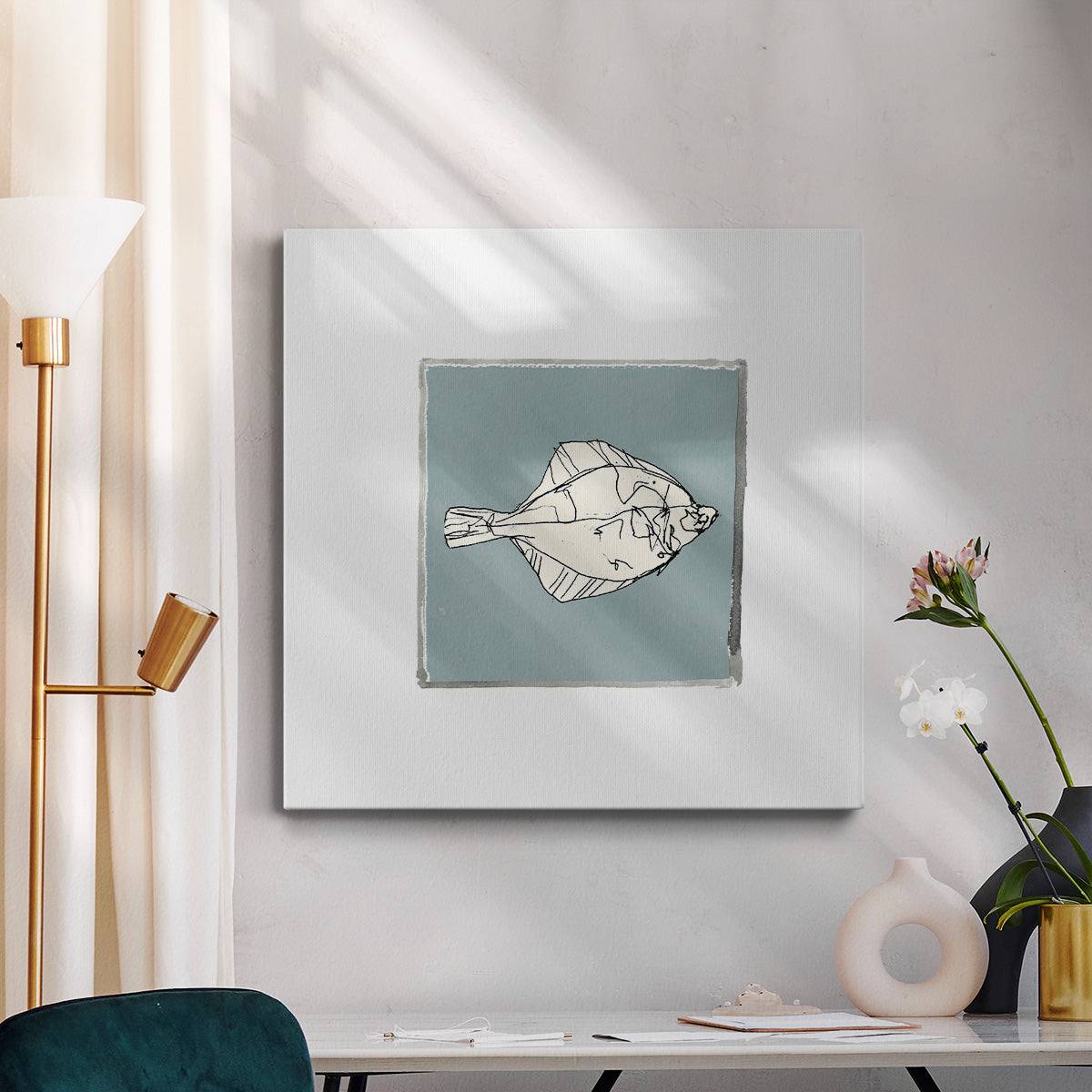 Block Print Fish V-Premium Gallery Wrapped Canvas - Ready to Hang