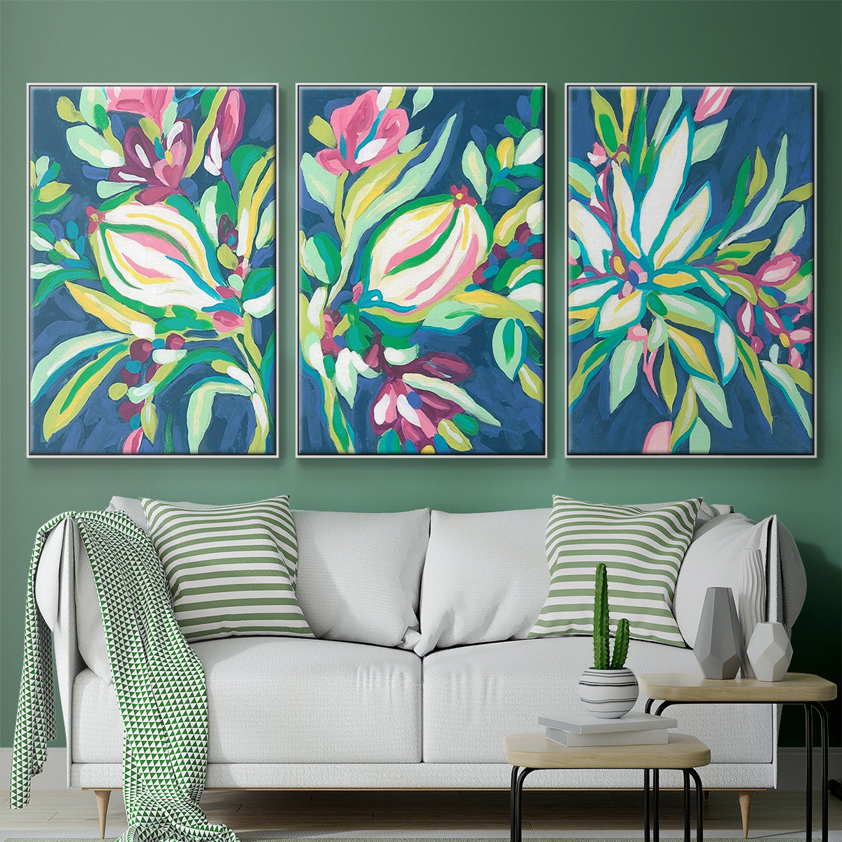 Blue Tropics I - Framed Premium Gallery Wrapped Canvas L Frame 3 Piece Set - Ready to Hang