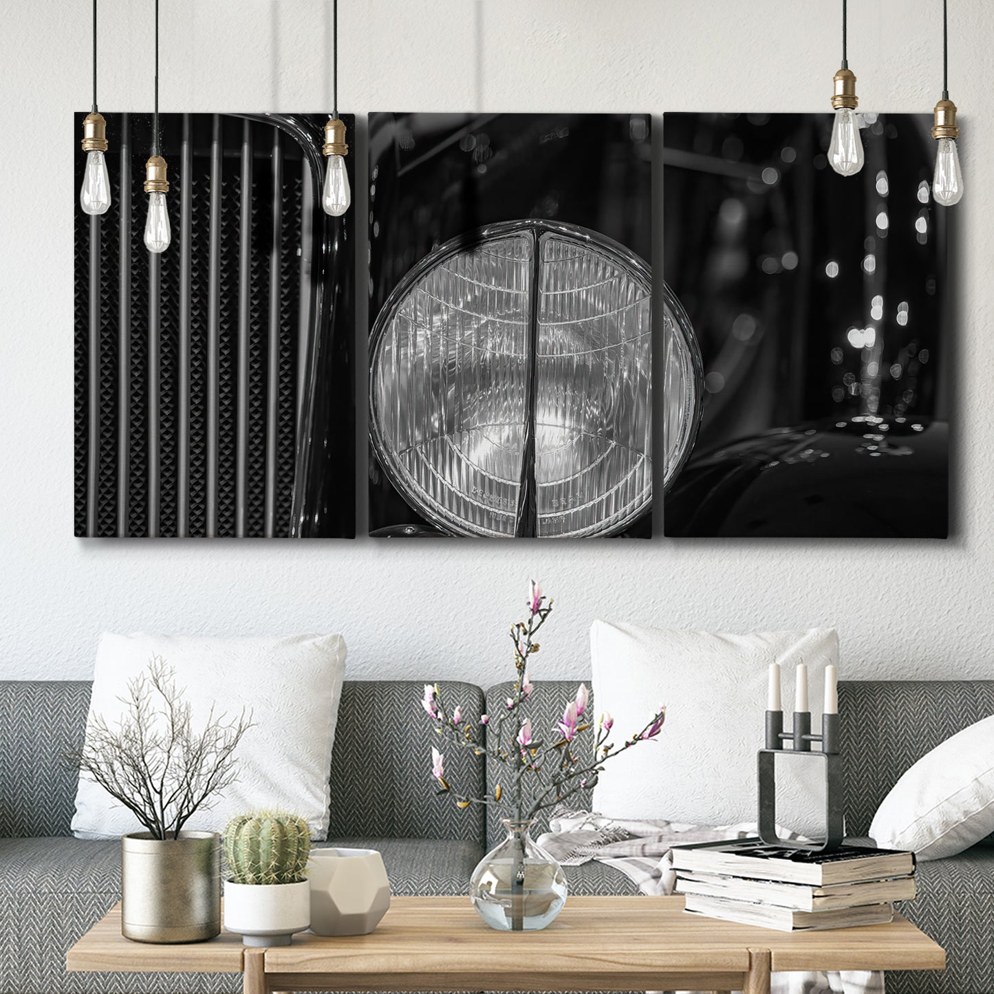 Three-panel canvas wall art featuring vintage car grille detail, displayed in a modern living room above seating.