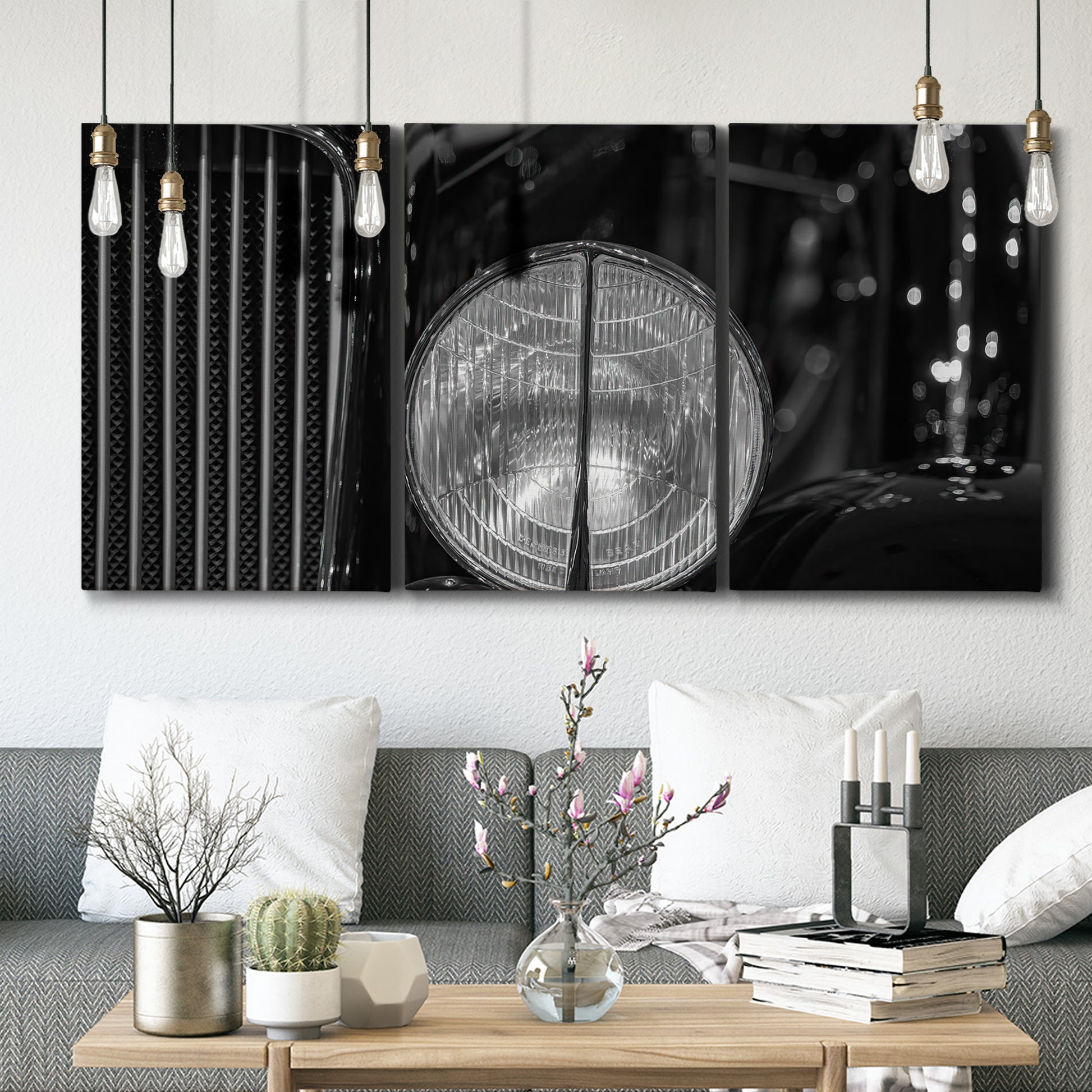 Three-panel canvas wall art featuring vintage car grille detail, displayed in a modern living room above seating.