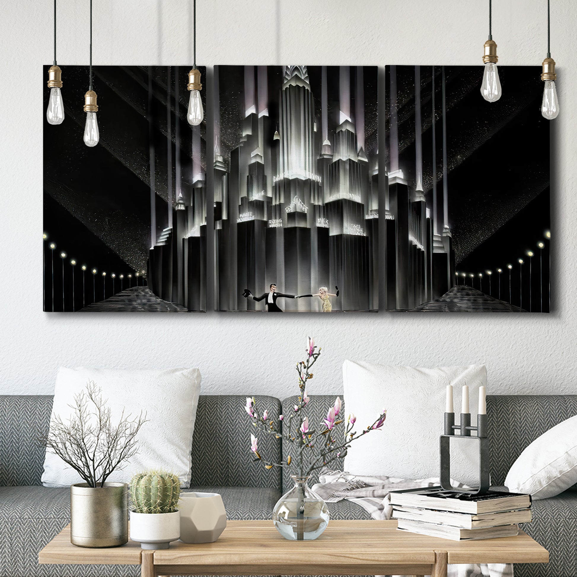 Three-panel canvas wall art featuring vintage city scene with figures, displayed in a modern living room above seating.