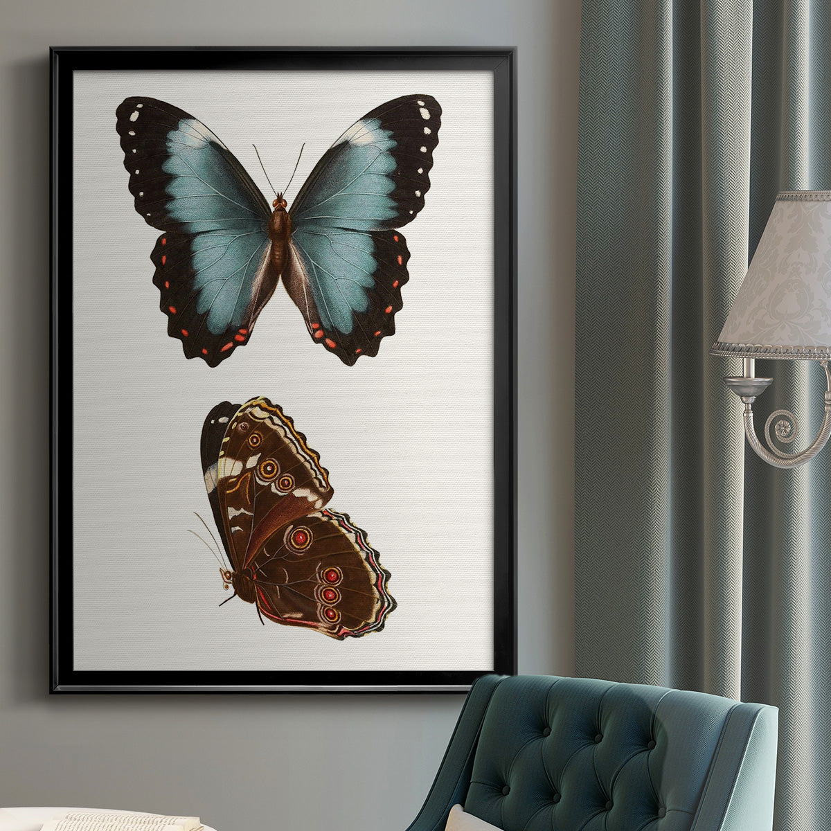 Antique Blue Butterflies IV - Modern Framed Canvas Print