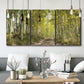 Three-panel canvas wall art featuring tree lined forest road photograph, displayed in a modern living room above seating.
