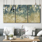 Three-panel canvas wall art featuring lupine flowers in seasonal bloom, displayed in a modern living room above seating.