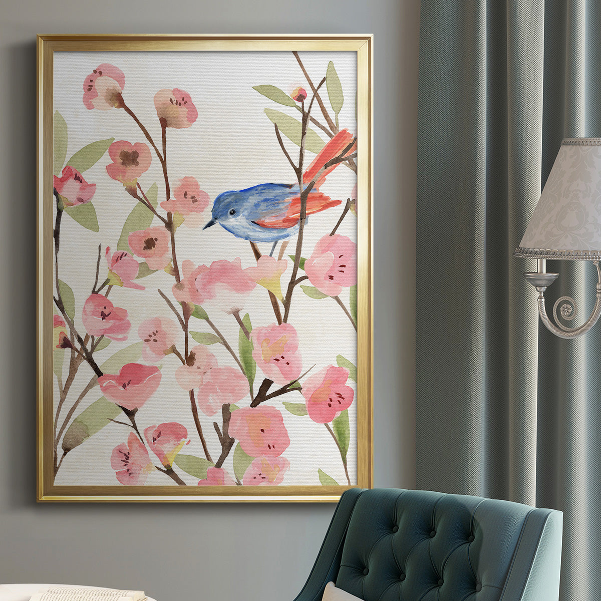 Cherry Blossom Perch II - Modern Framed Canvas Print