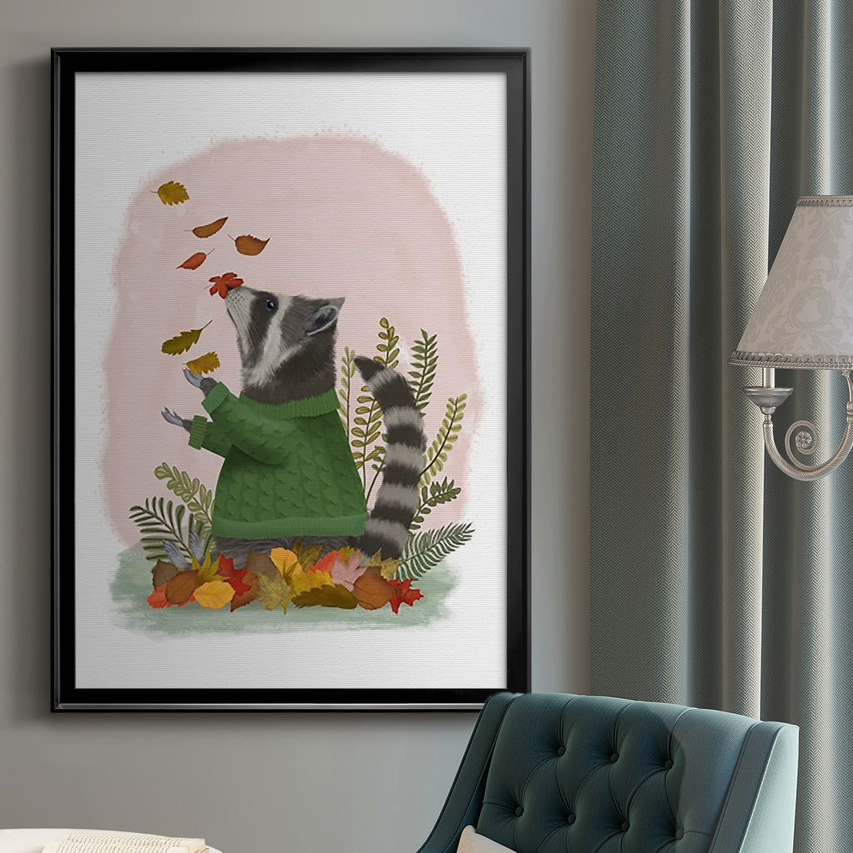 Raccoon Catching Leaves - Modern Framed Canvas Print