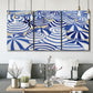 Three-panel canvas wall art featuring geometric abstract bowl forms, displayed in a modern living room above seating.