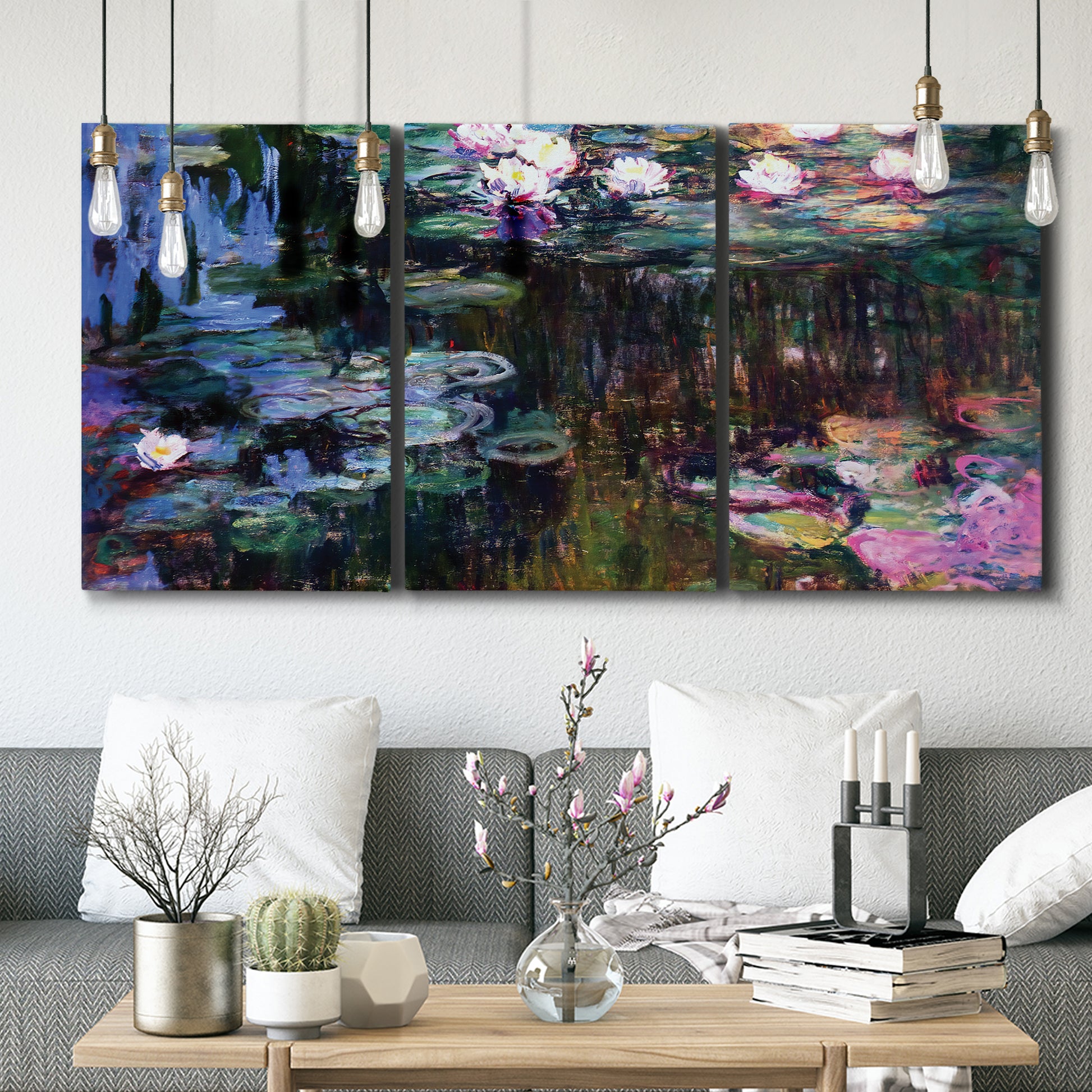 Three-panel canvas wall art featuring water lilies with willow reflections, displayed in a modern living room above seating.
