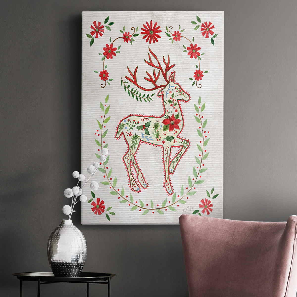 Christmas Folk Reindeer Premium Gallery Wrapped Canvas - Ready to Hang