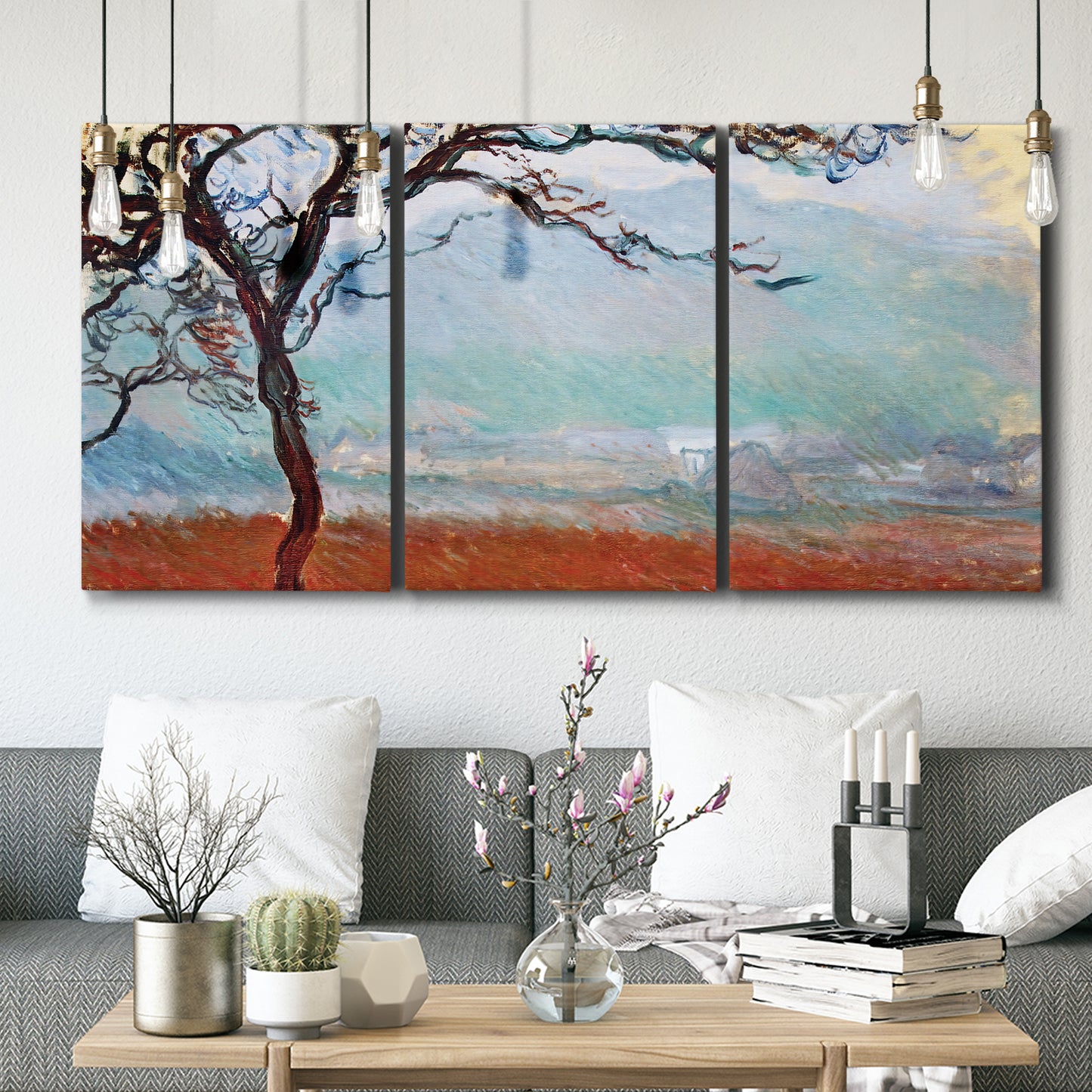 Three-panel canvas wall art featuring coastal trees at evening light, displayed in a modern living room above seating.