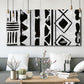 Three-panel canvas wall art featuring geometric abstract forms merging pattern, displayed in a modern living room above seating.