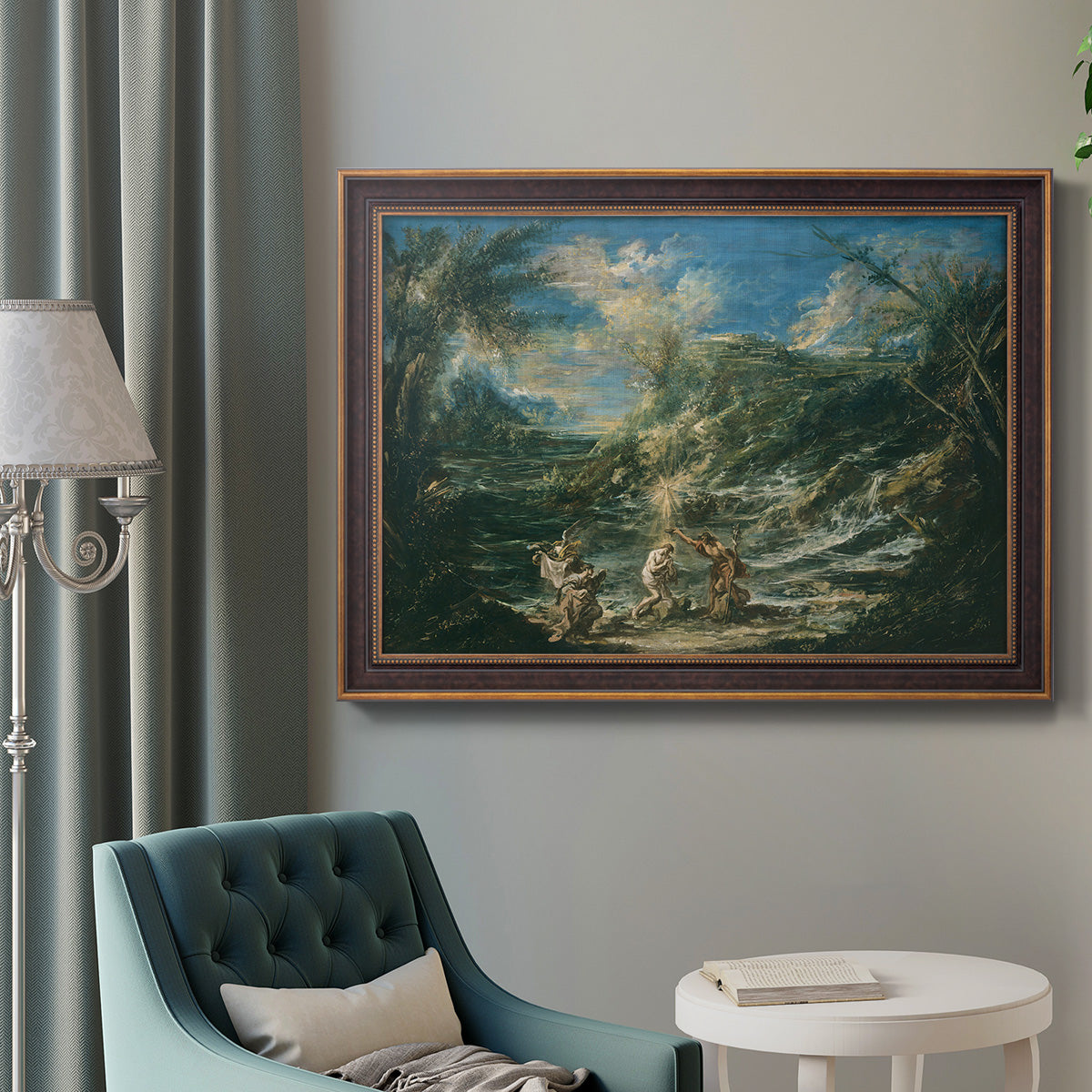 Religious landscape depicting the baptism of Christ by Alessandro Magnasco in an ornate bronzed mahogany wood frame displayed in a bright interior setting.