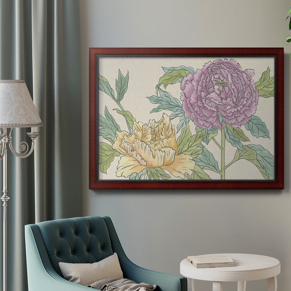 Contemporary peony flower illustration in an ornate cherry burl wood frame displayed in a neutral interior setting.