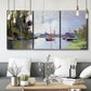 Three-panel canvas wall art featuring river view with boats and reflections, displayed in a modern living room above seating.