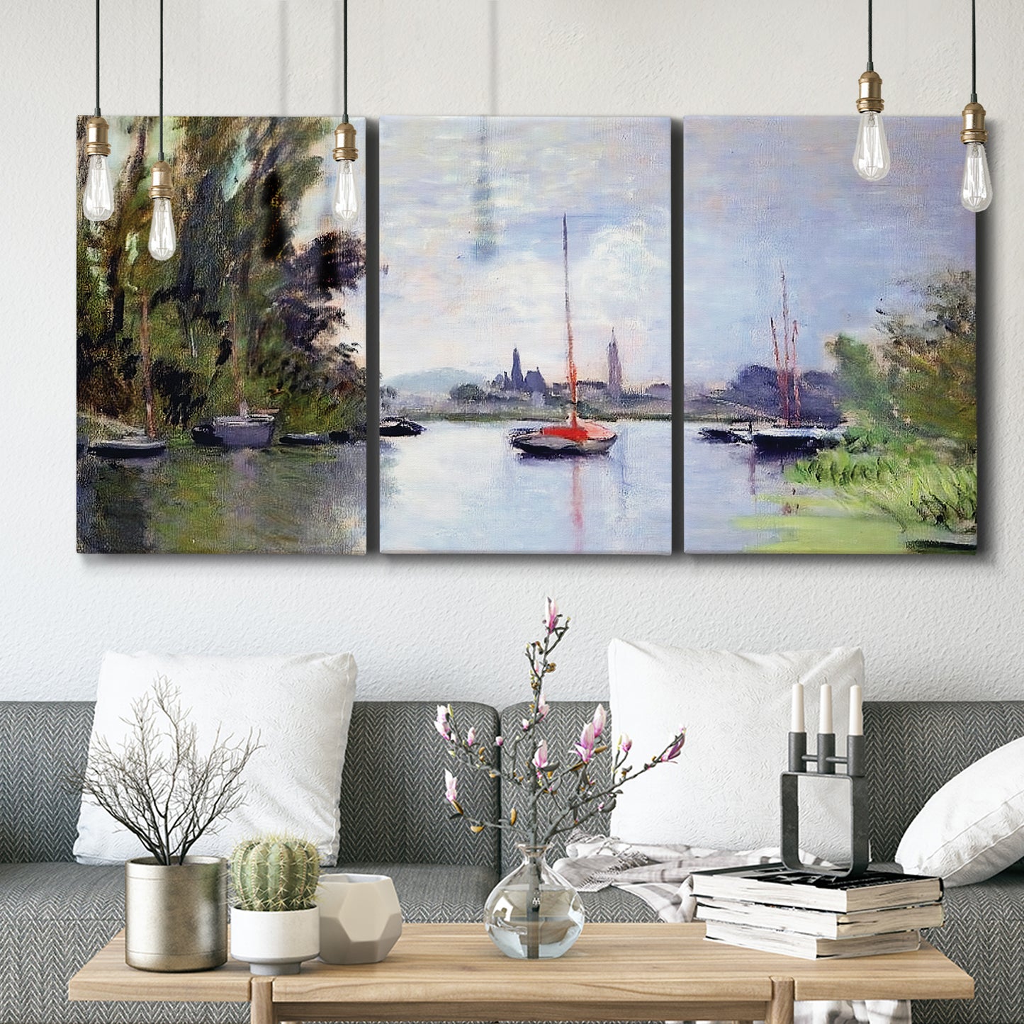 Three-panel canvas wall art featuring river view with boats and reflections, displayed in a modern living room above seating.