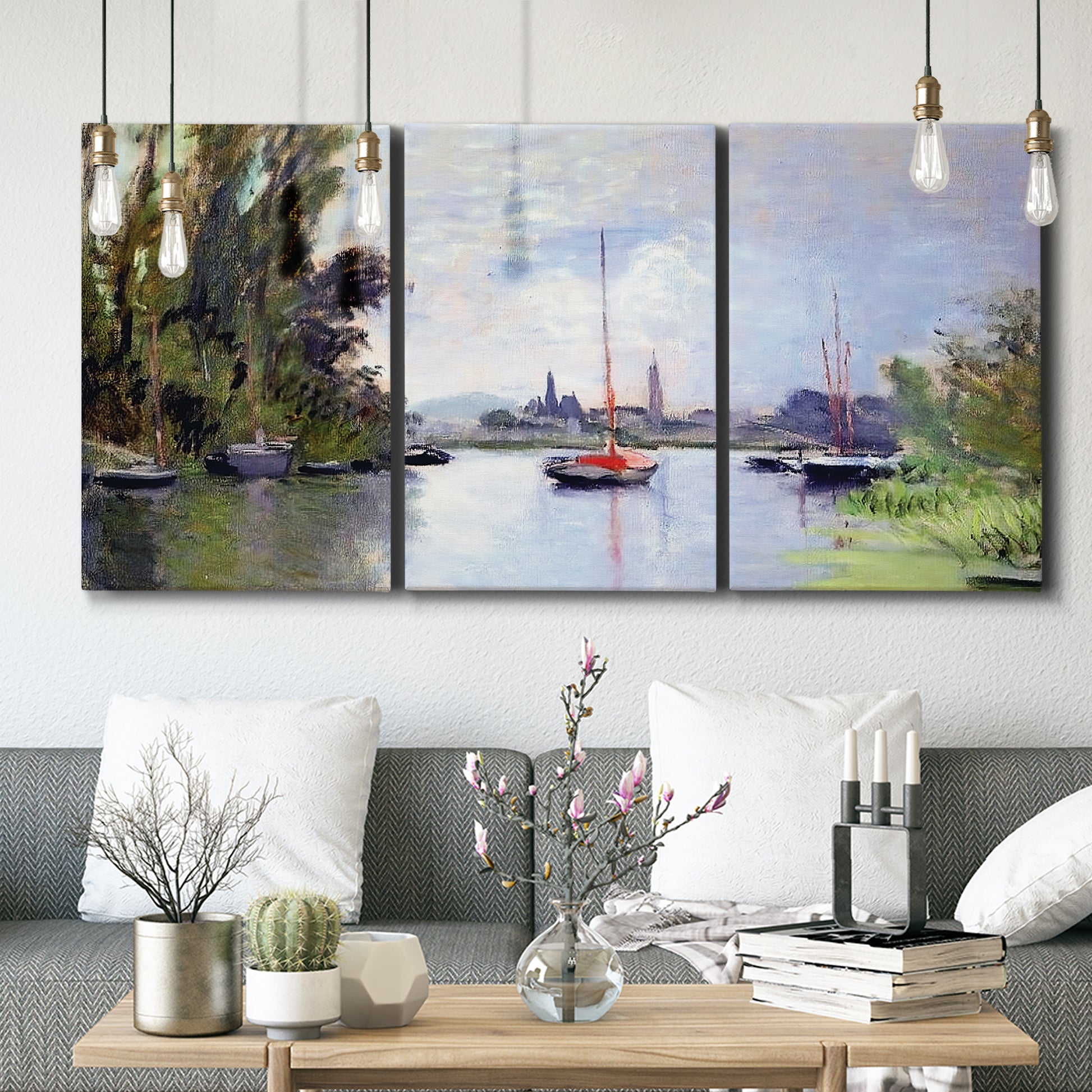Three-panel canvas wall art featuring river view with boats and reflections, displayed in a modern living room above seating.