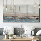 Three-panel canvas wall art featuring abstract bridge landscape in cyan, displayed in a modern living room above seating.