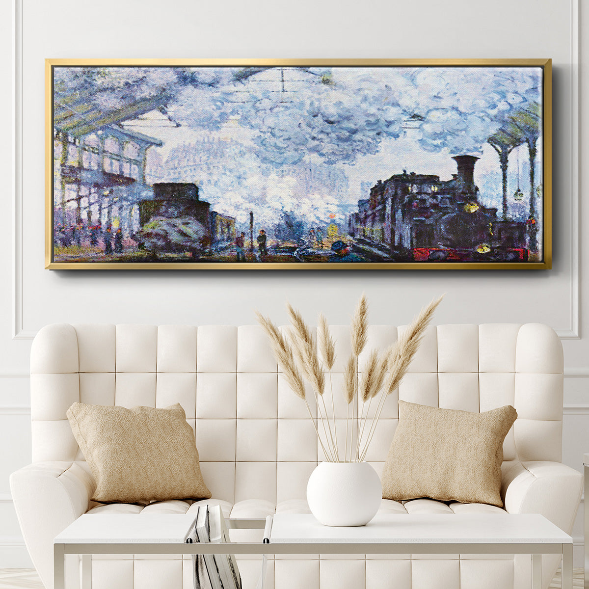 Saint Lazare Station in Paris, Arrival of a Train - Floater Framed Canvas Print