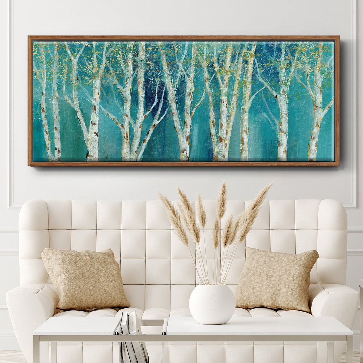 Birch on Blue - Floater Framed Canvas Print
