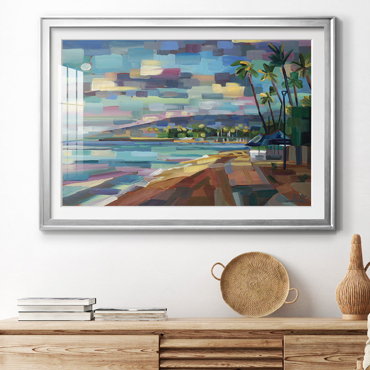Morning Moon Over Waikiki - Modern Framed Art Print