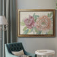 Modern peony floral drawing in an ornate vintage gold frame displayed in a neutral interior setting.