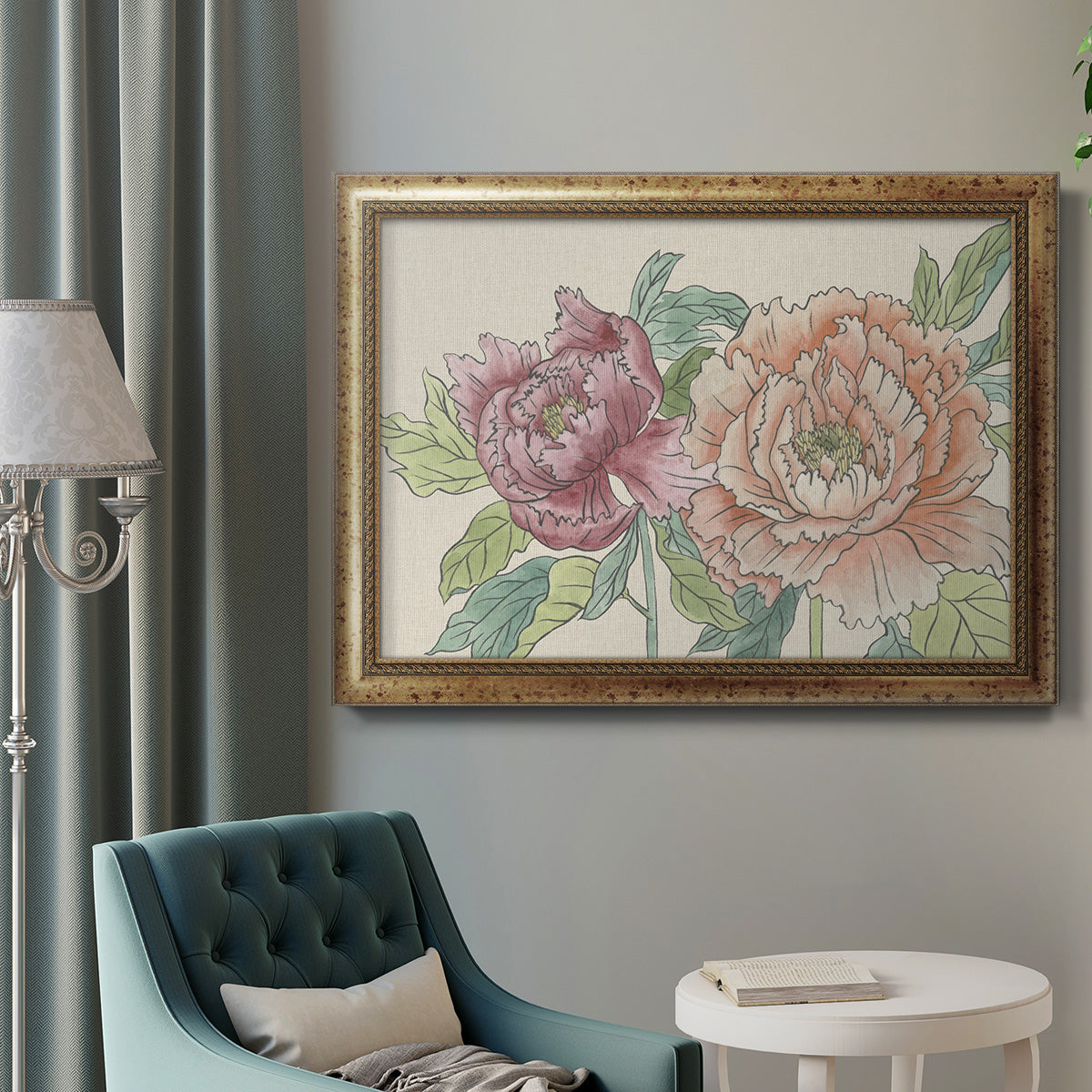 Modern peony floral drawing in an ornate vintage gold frame displayed in a neutral interior setting.
