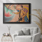 Neo-impressionist abstract portrait by Paul Signac in an ornate black frame with gilded inner detail displayed in a bright interior setting.
