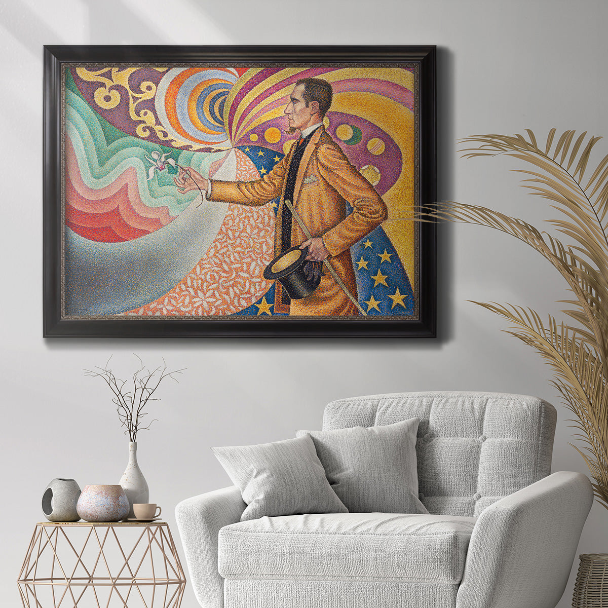 Neo-impressionist abstract portrait by Paul Signac in an ornate black frame with gilded inner detail displayed in a bright interior setting.
