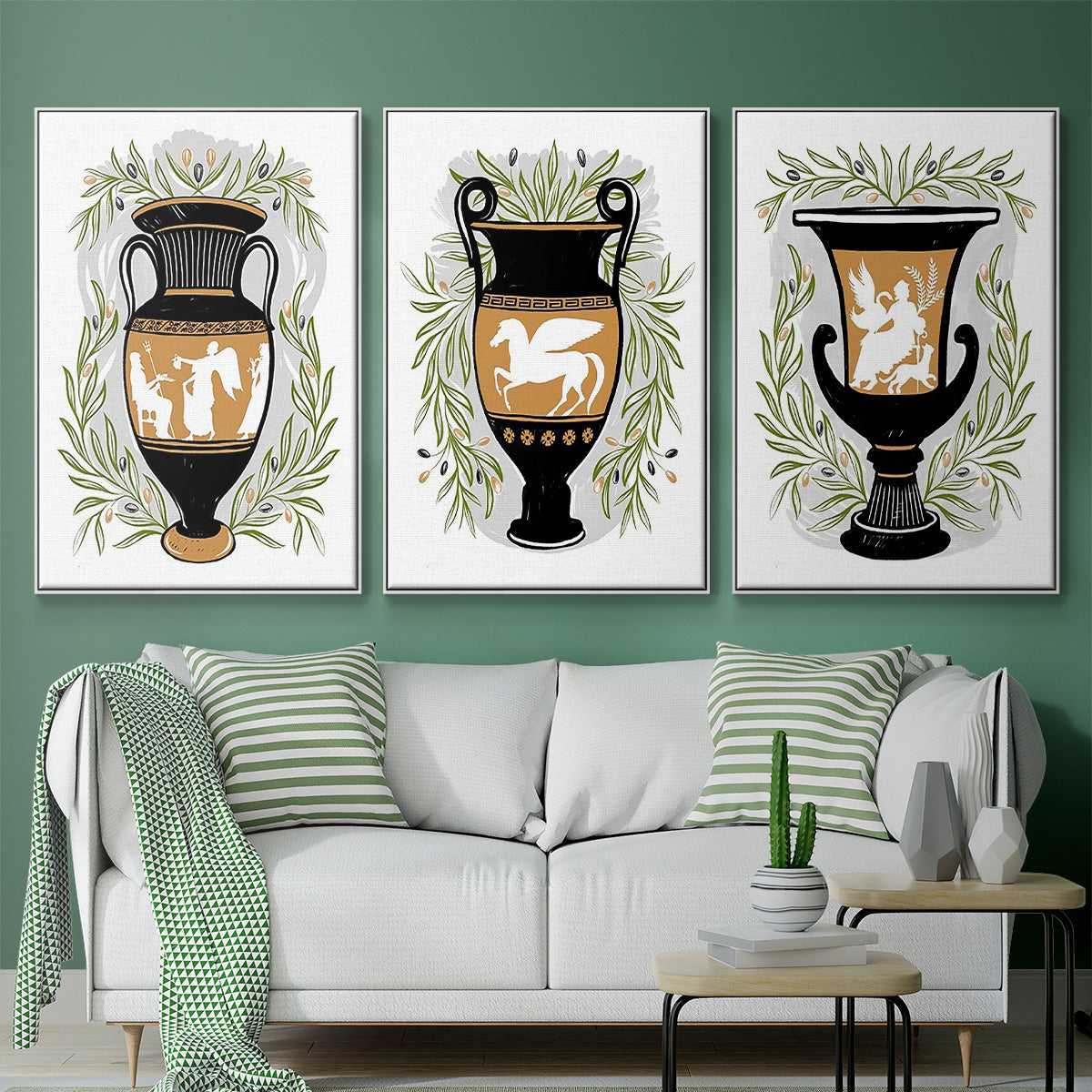 Greek Vases I - Framed Premium Gallery Wrapped Canvas L Frame 3 Piece Set - Ready to Hang