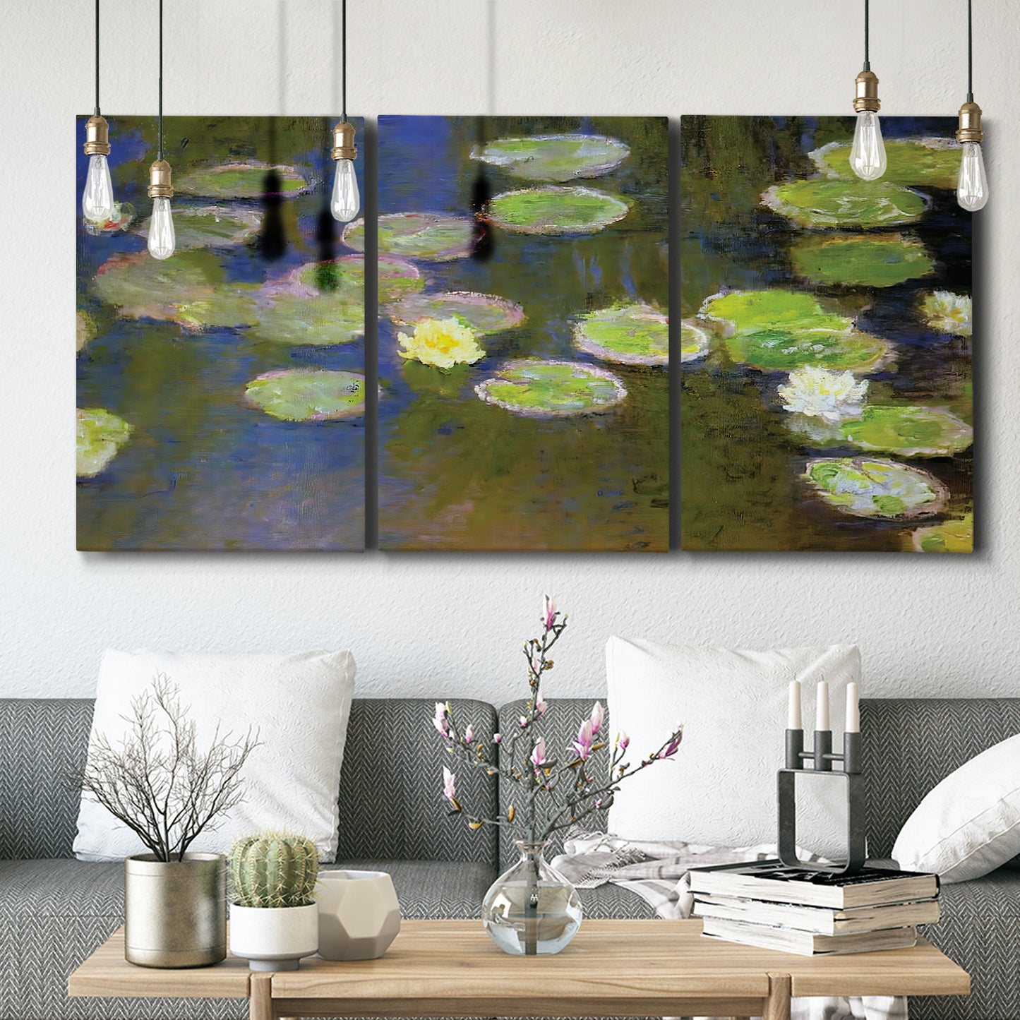 Three-panel canvas wall art featuring yellow and white water lilies, displayed in a modern living room above seating.