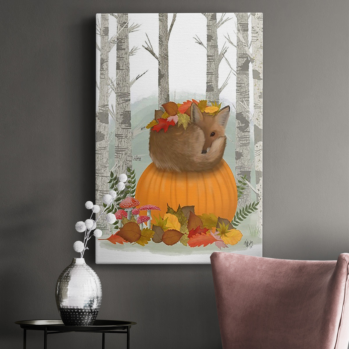 Fox Curled on Pumpkin Premium Gallery Wrapped Canvas - Ready to Hang