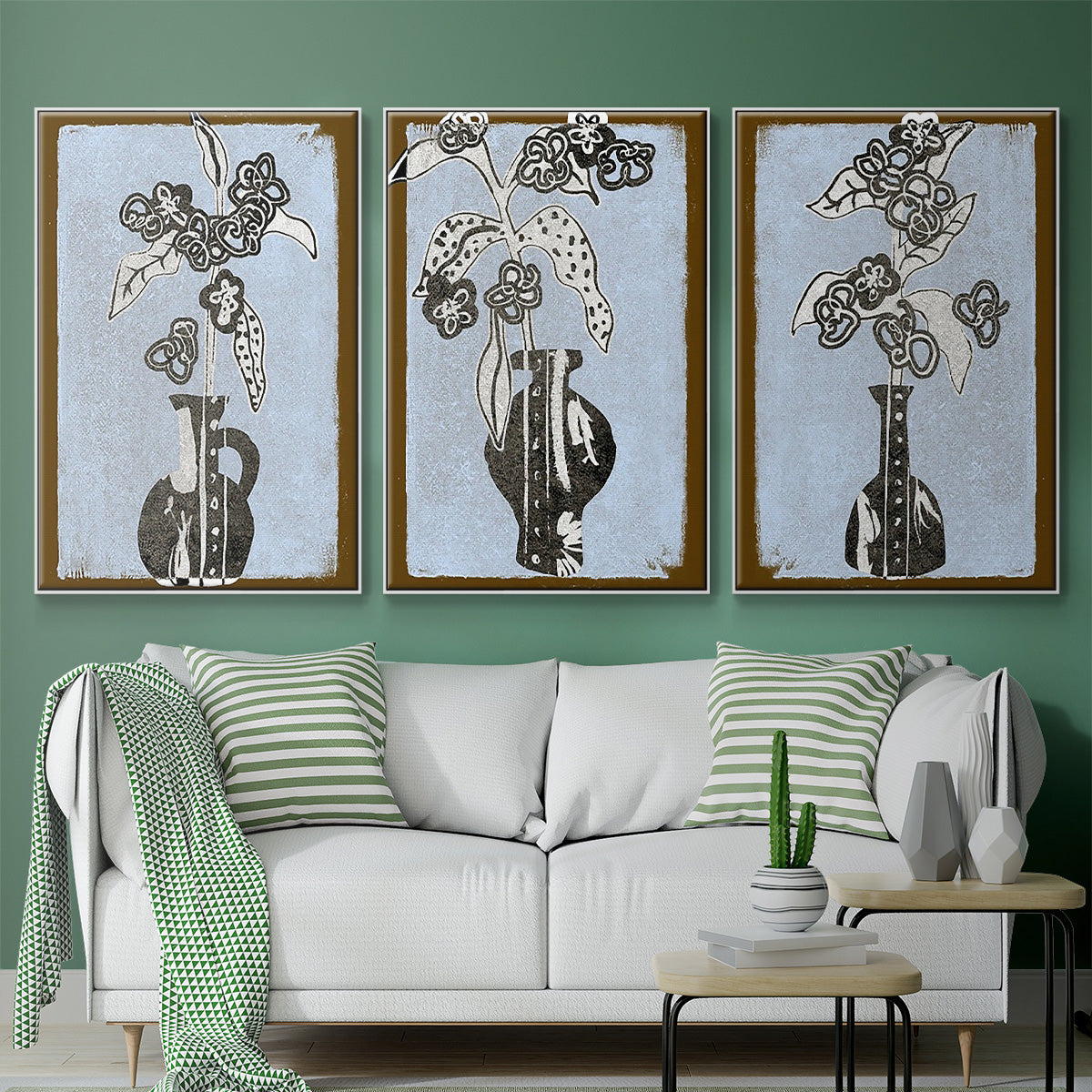 Graphic Flowers in Vase I - Framed Premium Gallery Wrapped Canvas L Frame 3 Piece Set - Ready to Hang